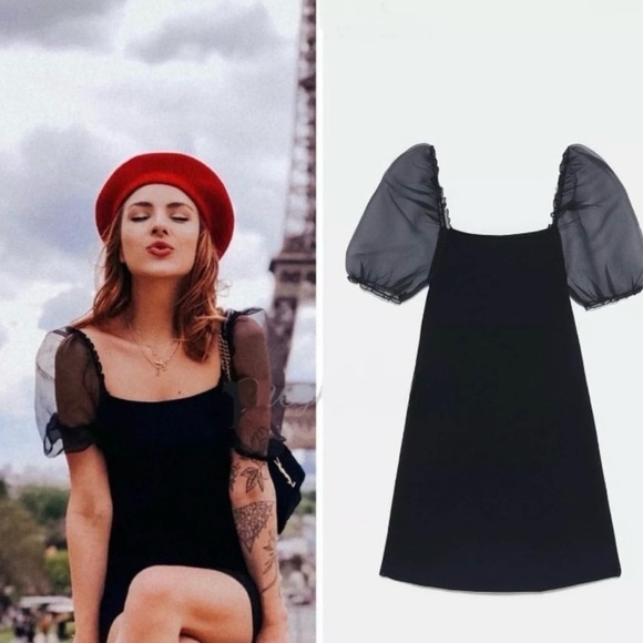 ZARA Black Sheer Puff Sleeve Bodycon Mini Dress Small Blogger Favorite - Picture 1 of 14